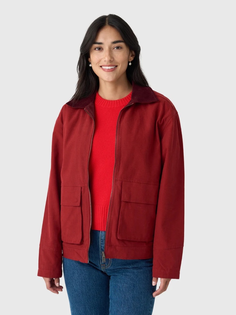 Alex Mill Essex Deep Red Utility Jacket with Corduroy Collar in Canvas